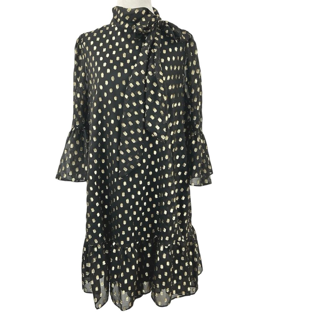 Calvin Klein Black Gold Metallic Polka Dot Tie Neck Ruffle Dress Size 12